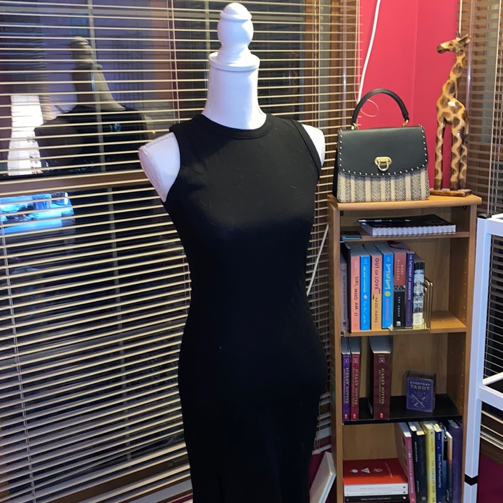 Black fitted maxi dress with slit